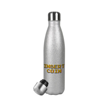 Insert coin!!!, Metallic Glitter Silver Thermos Flask (Stainless steel), double-walled, 500ml