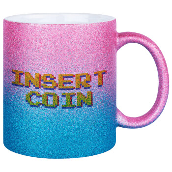 Insert coin!!!, Κούπα Χρυσή/Μπλε Glitter, κεραμική, 330ml