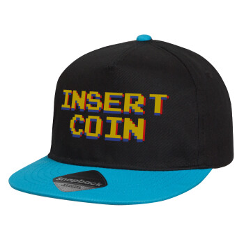 Insert coin!!!, Καπέλο παιδικό Flat Snapback, Μαύρο/Μπλε (100% ΒΑΜΒΑΚΕΡΟ, ΠΑΙΔΙΚΟ, UNISEX, ONE SIZE)