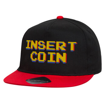 Insert coin!!!, Καπέλο παιδικό Flat Snapback, Μαύρο/Κόκκινο (100% ΒΑΜΒΑΚΕΡΟ, ΠΑΙΔΙΚΟ, UNISEX, ONE SIZE)