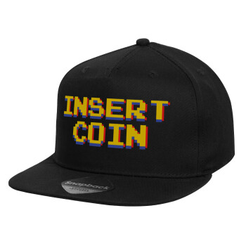 Insert coin!!!, Καπέλο παιδικό Flat Snapback, Μαύρο (100% ΒΑΜΒΑΚΕΡΟ, ΠΑΙΔΙΚΟ, UNISEX, ONE SIZE)