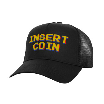 Insert coin!!!, Καπέλο Ενηλίκων Structured Trucker, με Δίχτυ, Μαύρο (100% ΒΑΜΒΑΚΕΡΟ, ΕΝΗΛΙΚΩΝ, UNISEX, ONE SIZE)