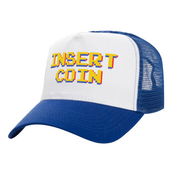 Insert coin!!!, Καπέλο Ενηλίκων Structured Trucker, με Δίχτυ, ΛΕΥΚΟ/ΜΠΛΕ (100% ΒΑΜΒΑΚΕΡΟ, ΕΝΗΛΙΚΩΝ, UNISEX, ONE SIZE)