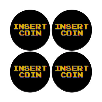 Insert coin!!!, SET of 4 round wooden coasters (9cm)