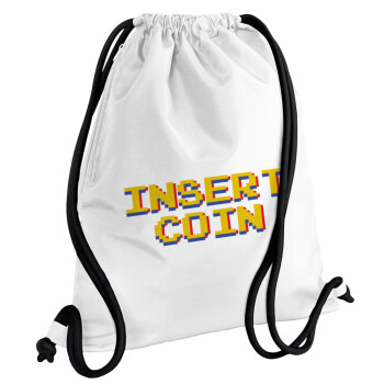 Insert coin!!!, Backpack pouch GYMBAG white, with pocket (40x48cm) & thick cords