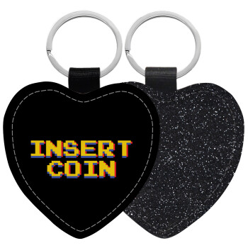 Insert coin!!!, Μπρελόκ PU δερμάτινο glitter καρδιά ΜΑΥΡΟ