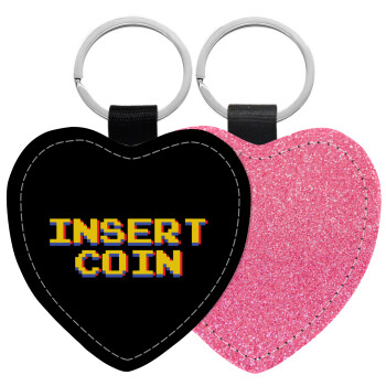 Insert coin!!!, Μπρελόκ PU δερμάτινο glitter καρδιά ΡΟΖ