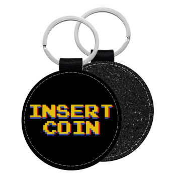 Insert coin!!!, Μπρελόκ Δερματίνη, στρογγυλό ΜΑΥΡΟ (5cm)