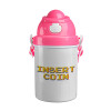 Insert coin!!!, Ροζ παιδικό παγούρι πλαστικό (BPA-FREE) με καπάκι ασφαλείας, κορδόνι και καλαμάκι, 400ml