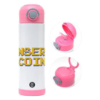 Insert coin!!!, Children's hot water bottle, stainless steel, with safety straw, PINK (500ml)