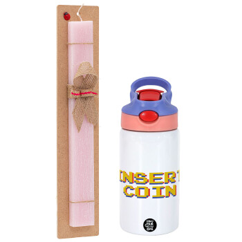 Insert coin!!!, Easter Set, Children's thermal stainless steel water bottle with safety straw, pink/purple (350ml) & Easter scented flat candle (30cm) (PINK)
