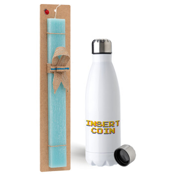 Insert coin!!!, Easter Set, metallic stainless steel water bottle (750ml) & aromatic flat Easter candle (30cm) (TURQUOISE)