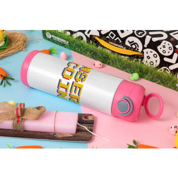 Insert coin!!!, Easter candle, Childrens hot water bottle, stainless steel, with safety straw, PINK (500ml)