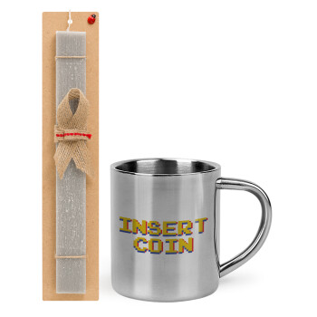 Insert coin!!!, Easter Set, metallic thermal cup (300ml) & Easter aromatic flat candle (30cm) (GRAY)