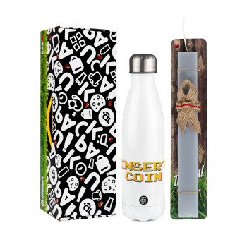 Insert coin!!!, Easter candle, metallic white thermos bottle (500ml) & aromatic flat candle (30cm) (GRAY)