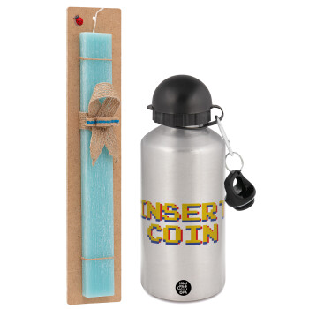 Insert coin!!!, Πασχαλινό Σετ, παγούρι μεταλλικό Ασημένιο αλουμινίου (500ml) & πασχαλινή λαμπάδα αρωματική πλακέ (30cm) (ΤΙΡΚΟΥΑΖ)