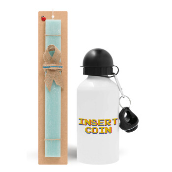 Insert coin!!!, Easter Set, metallic aluminum water bottle (500ml) & scented flat candle (30cm) (TURQUOISE)