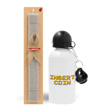 Insert coin!!!, Πασχαλινό Σετ, παγούρι μεταλλικό  αλουμινίου (500ml) & πασχαλινή λαμπάδα αρωματική πλακέ (30cm) (ΓΚΡΙ)