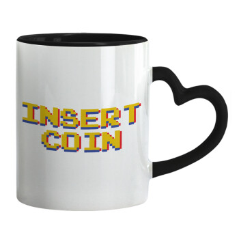 Insert coin!!!, Κούπα καρδιά χερούλι μαύρη, κεραμική, 330ml