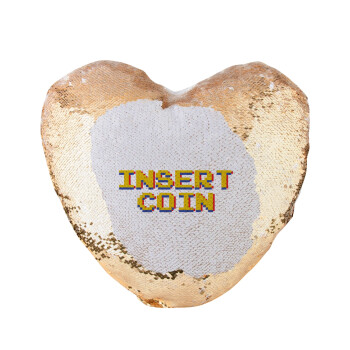 Insert coin!!!, Μαξιλάρι καναπέ καρδιά Μαγικό Χρυσό με πούλιες 40x40cm περιέχεται το  γέμισμα