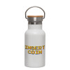 Metallic thermos (Stainless steel) White with wooden lid (bamboo), double-walled, 350ml