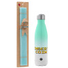 Easter Set, Metallic green/white thermos (Stainless steel), double-walled, 500ml & scented flat Easter candle (30cm) (TURQUOISE)
