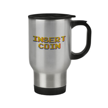 Insert coin!!!, Stainless steel travel mug with lid, double wall 450ml