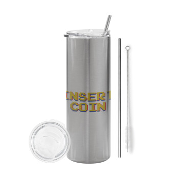 Insert coin!!!, Eco friendly ποτήρι θερμό Ασημένιο (tumbler) από ανοξείδωτο ατσάλι 600ml, με μεταλλικό καλαμάκι & βούρτσα καθαρισμού