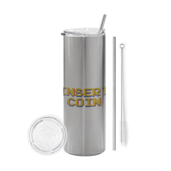 Insert coin!!!, Tumbler stainless steel Silver 600ml, with metal straw & cleaning brush