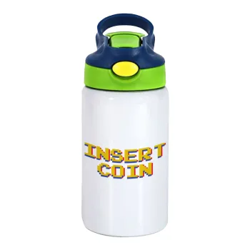 Insert coin!!!, Παιδικό παγούρι θερμό, ανοξείδωτο, με καλαμάκι ασφαλείας, πράσινο/μπλε (350ml)