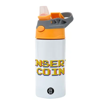 Insert coin!!!, Children's hot water bottle, stainless steel, with safety straw, Orange/Grey (360ml) BPA-FREE