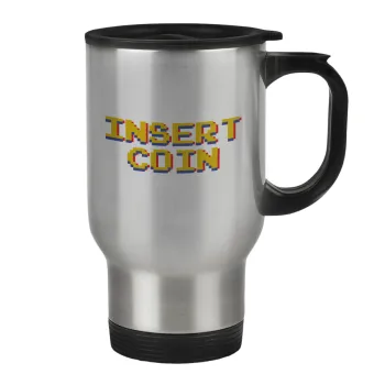 Insert coin!!!, Stainless steel travel mug with lid, double wall 450ml