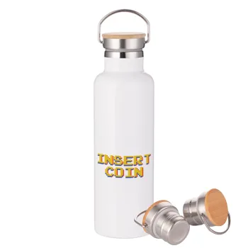 Insert coin!!!, Stainless steel White with wooden lid (bamboo), double wall, 750ml
