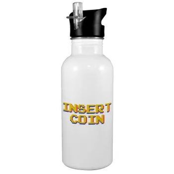 Insert coin!!!, White water bottle with straw, stainless steel 600ml