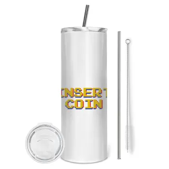 Insert coin!!!, Tumbler ποτήρι θερμό από ανοξείδωτο ατσάλι 600ml, με μεταλλικό καλαμάκι & βούρτσα καθαρισμού