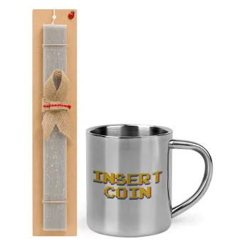 Insert coin!!!, Easter Set, metallic thermal cup (300ml) & Easter aromatic flat candle (30cm) (GRAY)