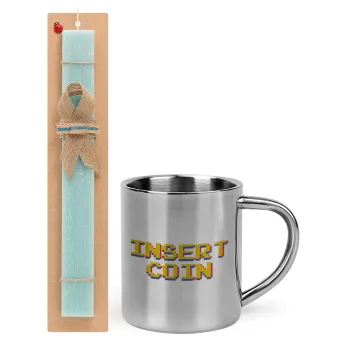 Insert coin!!!, Easter Set, metallic thermal cup (300ml) & aromatic flat Easter candle (30cm) (TURQUOISE)
