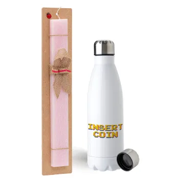 Insert coin!!!, Easter Set, metallic stainless steel water bottle (750ml) & scented flat Easter candle (30cm) (PINK)