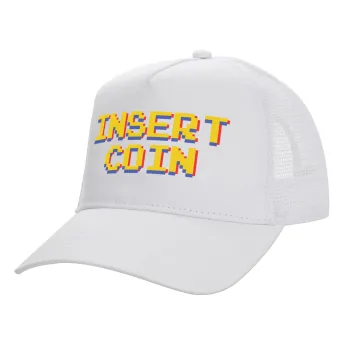 Insert coin!!!, Structured Trucker Adult Hat, with Mesh, WHITE (100% COTTON, ADULT, UNISEX, ONE SIZE)