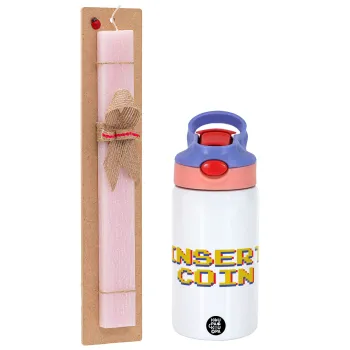 Insert coin!!!, Easter Set, Children's thermal stainless steel water bottle with safety straw, pink/purple (350ml) & Easter scented flat candle (30cm) (PINK)
