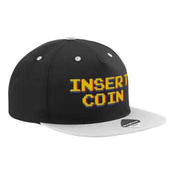 Insert coin!!!, Καπέλο Ενηλίκων Flat Snapback Μαύρο/Γκρι, (100% ΒΑΜΒΑΚΕΡΟ TWILL, ΕΝΗΛΙΚΩΝ, UNISEX, ONE SIZE)