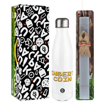 Insert coin!!!, Easter candle, metallic white thermos bottle (500ml) & aromatic flat candle (30cm) (GRAY)