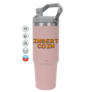 Insert coin!!!, ΡΟΖ χρώματος Θερμός Ανοξείδωτο 890ml (30oz) με χερούλι