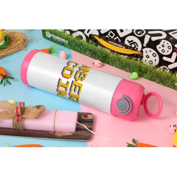 Insert coin!!!, Easter candle, Childrens hot water bottle, stainless steel, with safety straw, PINK (500ml)