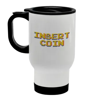 Insert coin!!!, Stainless steel travel mug with lid, double wall white 450ml