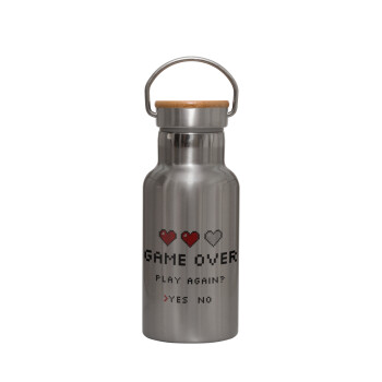 GAME OVER, Play again? YES - NO, Stainless steel metallic thermos flask, silver with a bamboo lid, double-walled, 350ml.