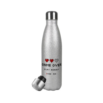 GAME OVER, Play again? YES - NO, Metallic Glitter Silver Thermos Flask (Stainless steel), double-walled, 500ml