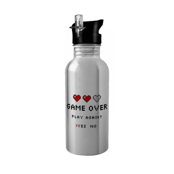GAME OVER, Play again? YES - NO, Water bottle Silver with straw, stainless steel 600ml