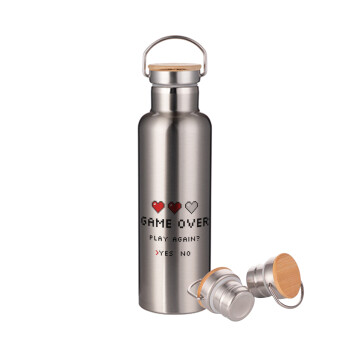 GAME OVER, Play again? YES - NO, Stainless steel Silver with wooden lid (bamboo), double wall, 750ml