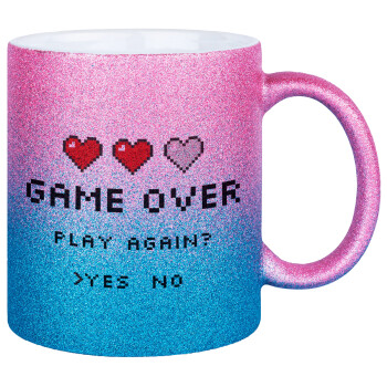 GAME OVER, Play again? YES - NO, Κούπα Χρυσή/Μπλε Glitter, κεραμική, 330ml